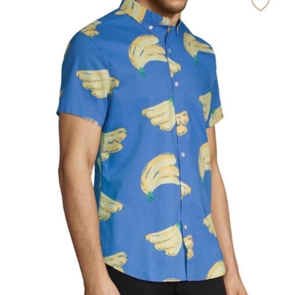 BONOBOS Banana Print Button Down Shirt Blue Buncha Bananas Riviera Short Sleeve - Picture 2 of 12